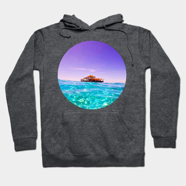 Holographic Shades Of Blue Ocean Summer Beach Waves With Vintage Yacht Under The Clear Sky Hoodie by AishwaryaMathur